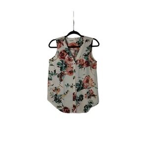 Maurices V Neck Metal Button Up Sleeveless Layer Sheer Cream Floral Tunic Small